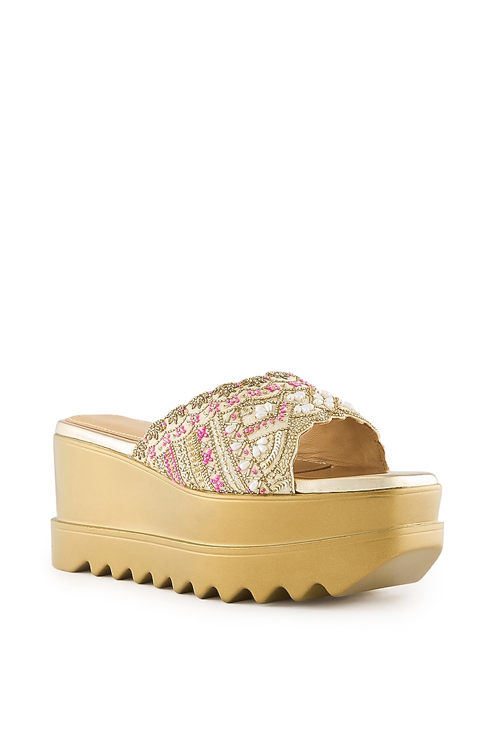 Champagne Gold Raw Silk Sequins Embroidered Sandals by Anaar at Pernia's Pop Up Shop
