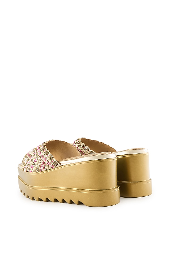 Champagne Gold Raw Silk Sequins Embroidered Sandals by Anaar at Pernia's Pop Up Shop