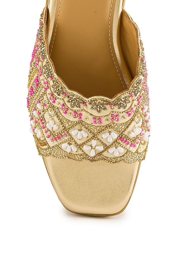 Champagne Gold Raw Silk Sequins Embroidered Sandals by Anaar at Pernia's Pop Up Shop