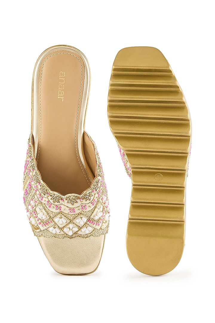 Champagne Gold Raw Silk Sequins Embroidered Sandals by Anaar at Pernia's Pop Up Shop