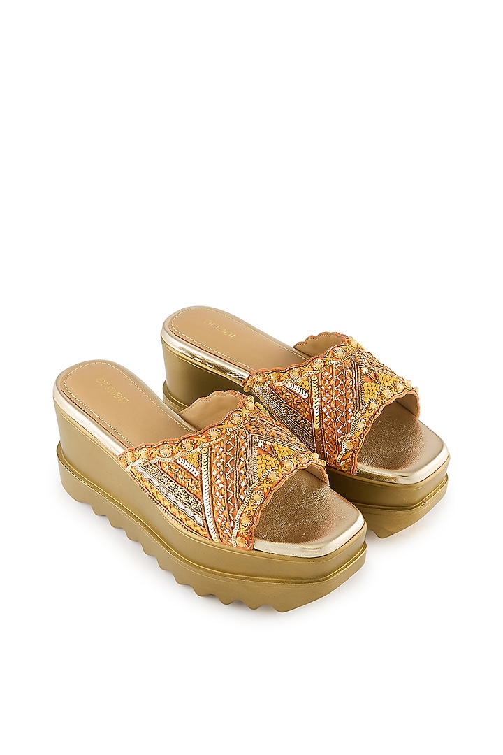 Orange Satin Pearl & Sequins Embroidered Sandals by Anaar at Pernia's Pop Up Shop