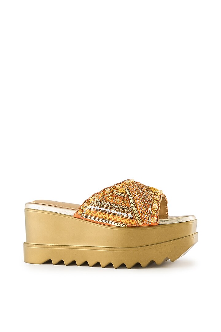 Orange Satin Pearl & Sequins Embroidered Sandals by Anaar at Pernia's Pop Up Shop