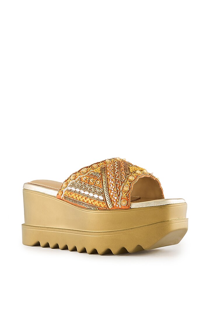 Orange Satin Pearl & Sequins Embroidered Sandals by Anaar at Pernia's Pop Up Shop