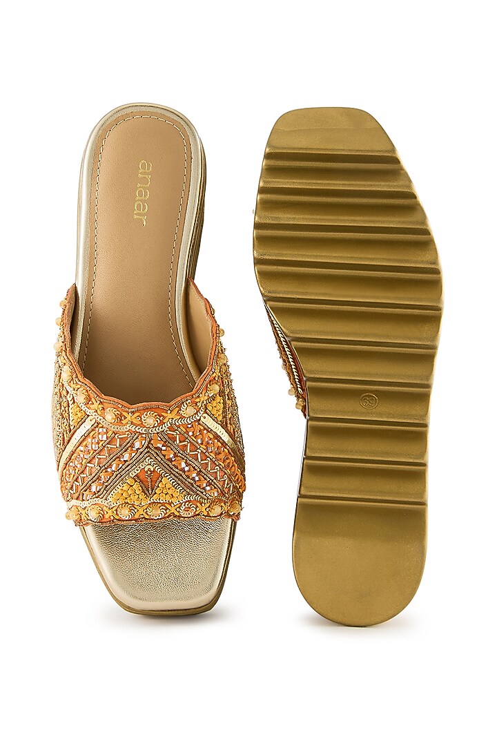 Orange Satin Pearl & Sequins Embroidered Sandals by Anaar at Pernia's Pop Up Shop