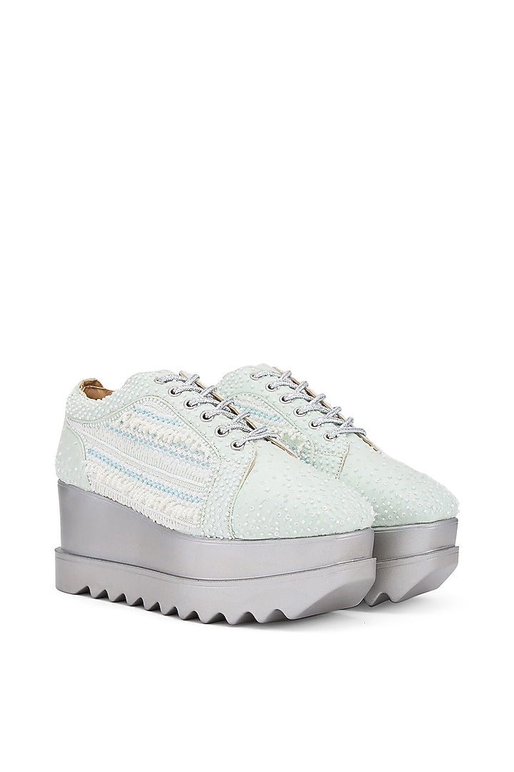 Mint Raw Silk Hand Embroidered Wedge Sneakers by Anaar at Pernia's Pop Up Shop