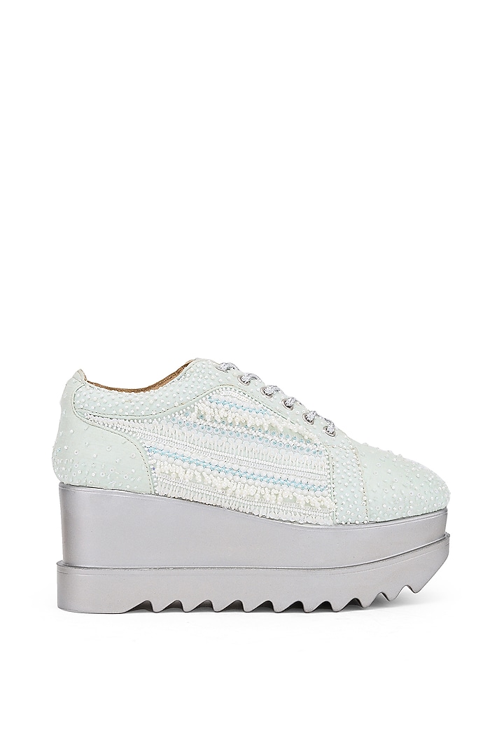 Mint Raw Silk Hand Embroidered Wedge Sneakers by Anaar at Pernia's Pop Up Shop