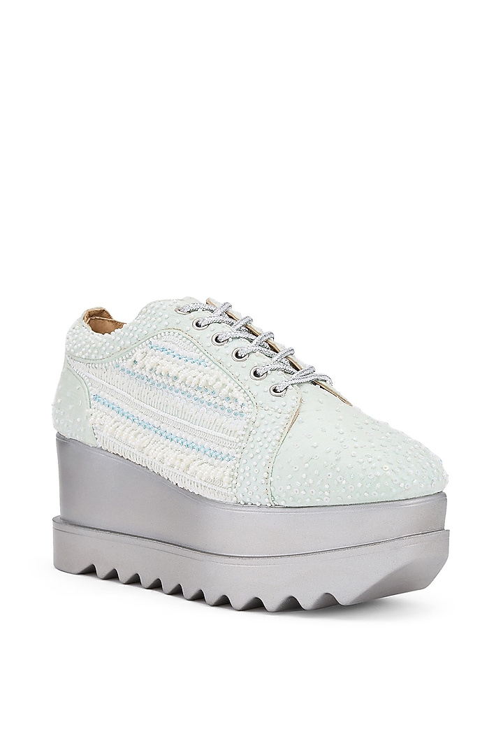 Mint Raw Silk Hand Embroidered Wedge Sneakers by Anaar at Pernia's Pop Up Shop