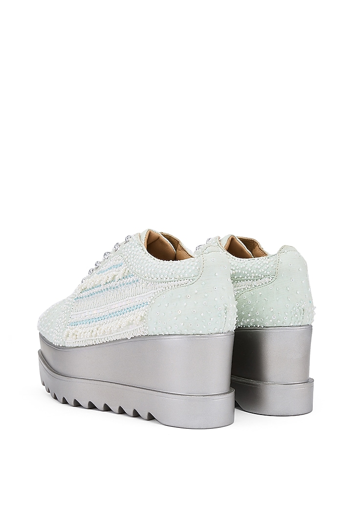 Mint Raw Silk Hand Embroidered Wedge Sneakers by Anaar at Pernia's Pop Up Shop