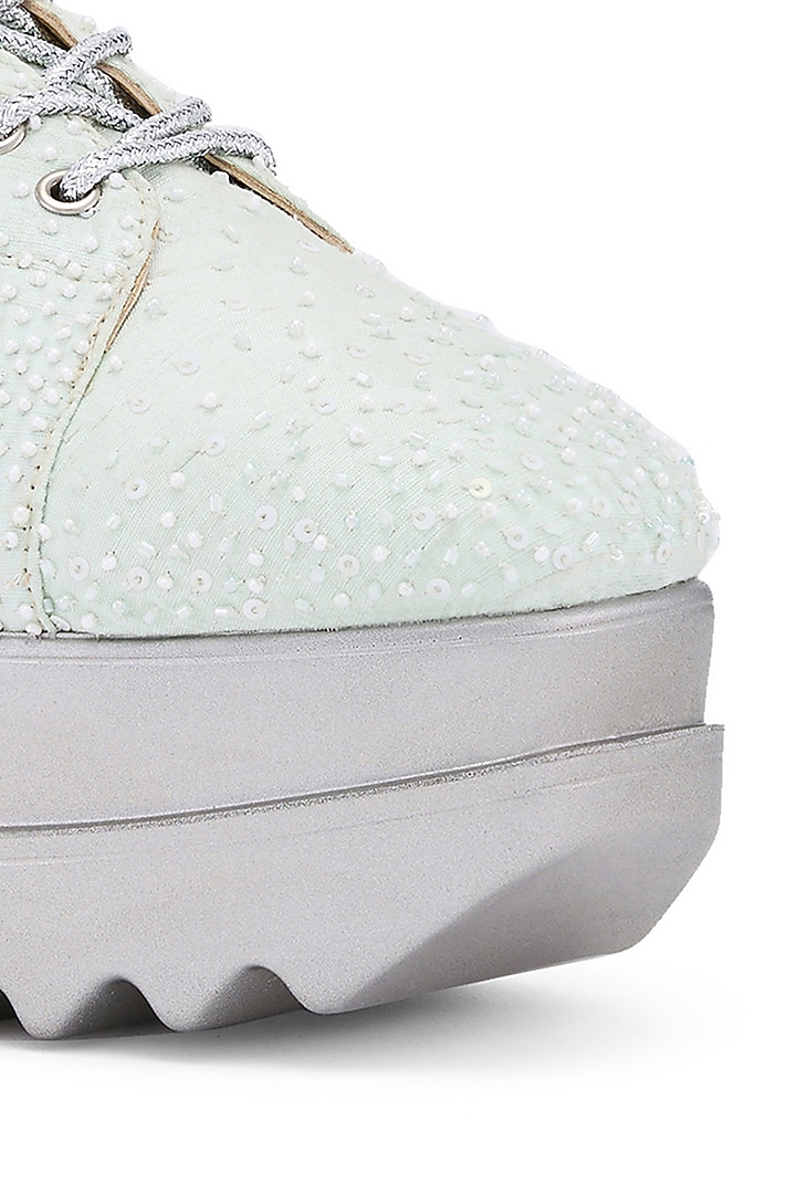 Mint Raw Silk Hand Embroidered Wedge Sneakers by Anaar at Pernia's Pop Up Shop