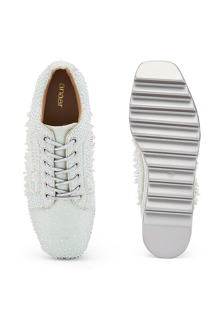 Mint Raw Silk Hand Embroidered Wedge Sneakers by Anaar at Pernia's Pop Up Shop