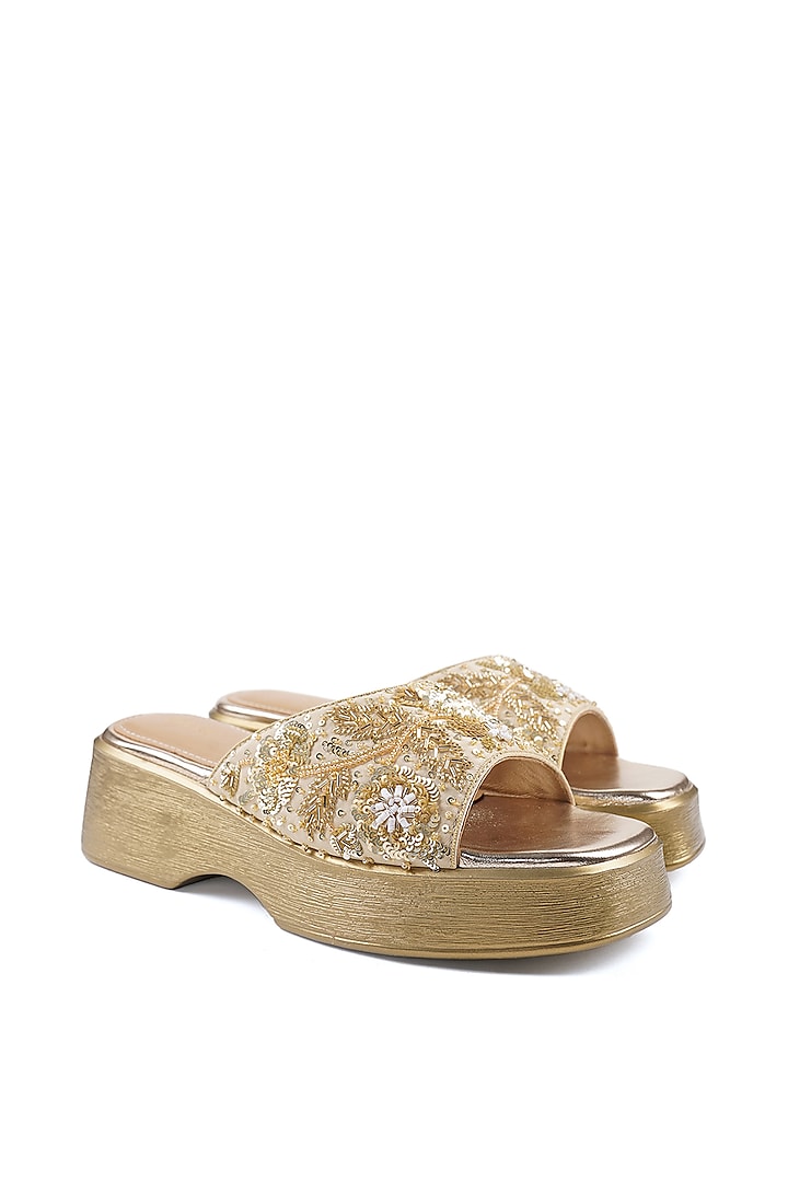 Gold Satin Cutdana Embellished Sandals by Anaar at Pernia's Pop Up Shop