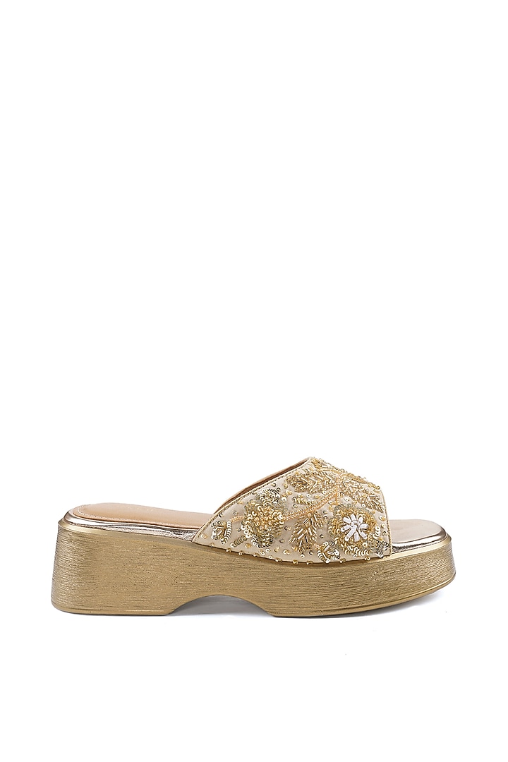 Gold Satin Cutdana Embellished Sandals by Anaar at Pernia's Pop Up Shop