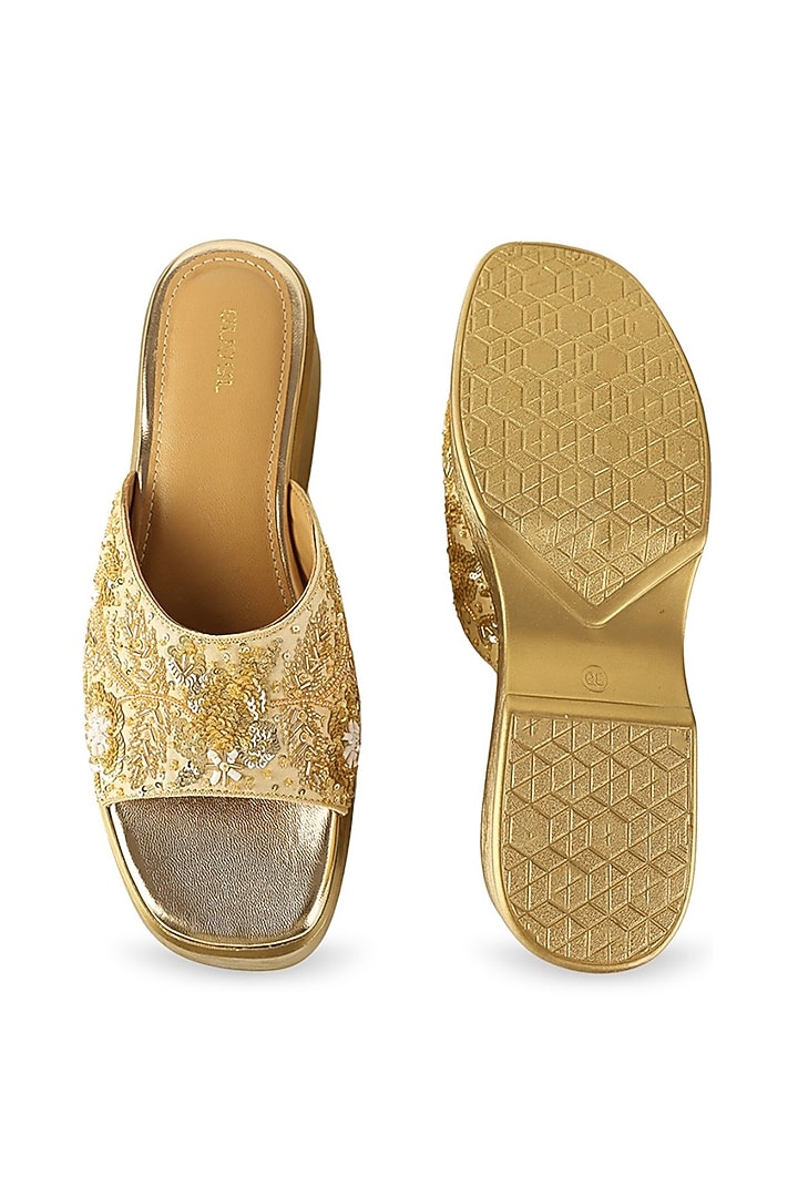 Gold Satin Cutdana Embellished Sandals by Anaar at Pernia's Pop Up Shop