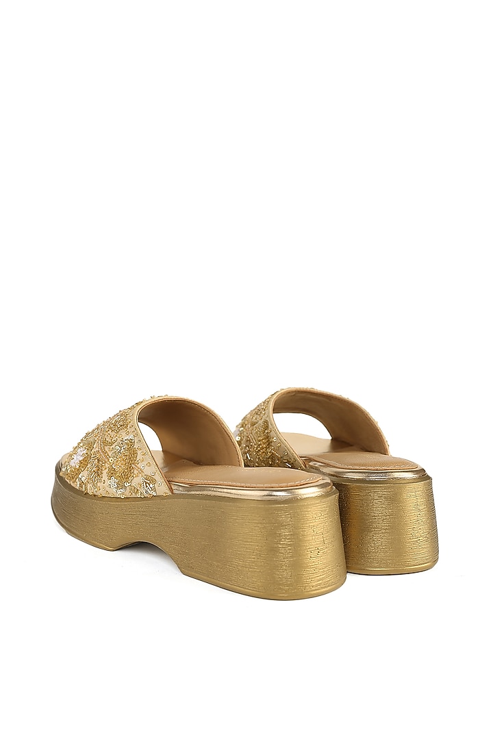 Gold Satin Cutdana Embellished Sandals by Anaar at Pernia's Pop Up Shop