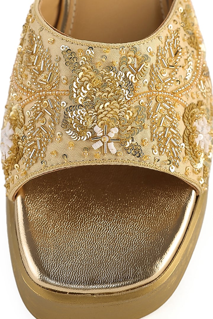 Gold Satin Cutdana Embellished Sandals by Anaar at Pernia's Pop Up Shop