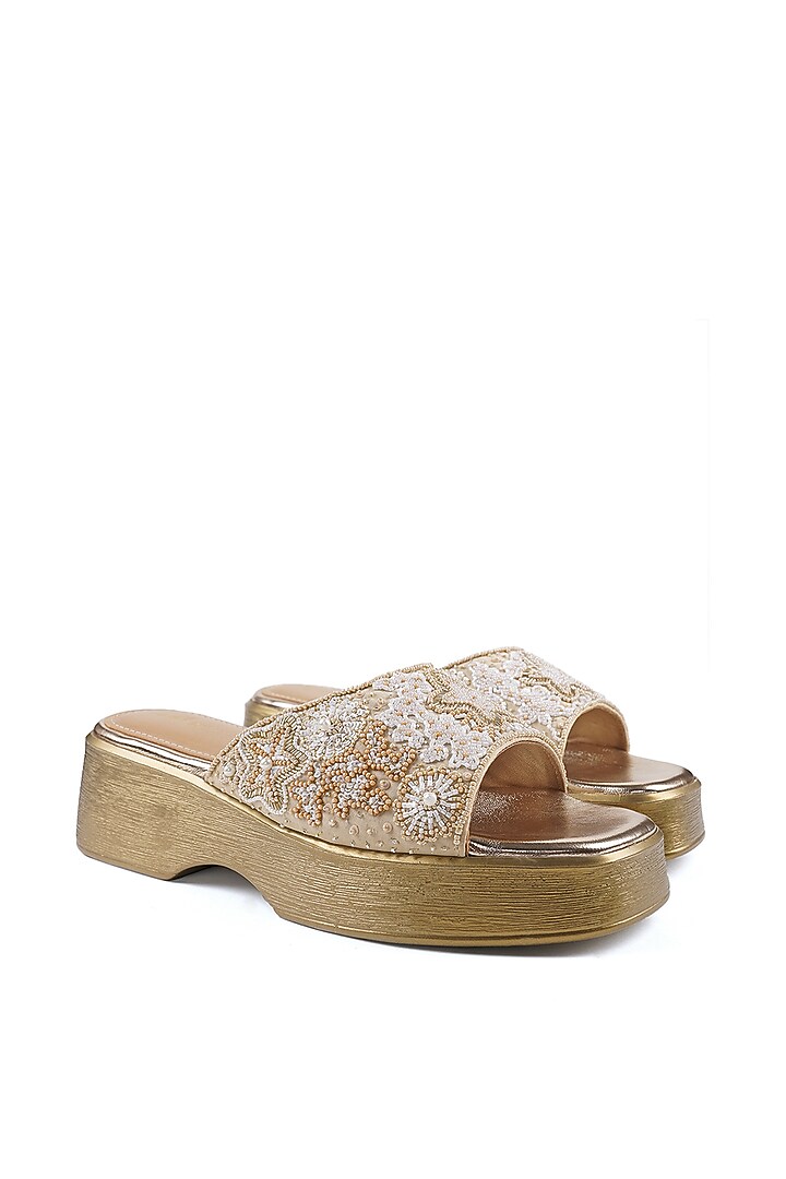 Beige Satin Cutdana Embellished Sandals by Anaar at Pernia's Pop Up Shop