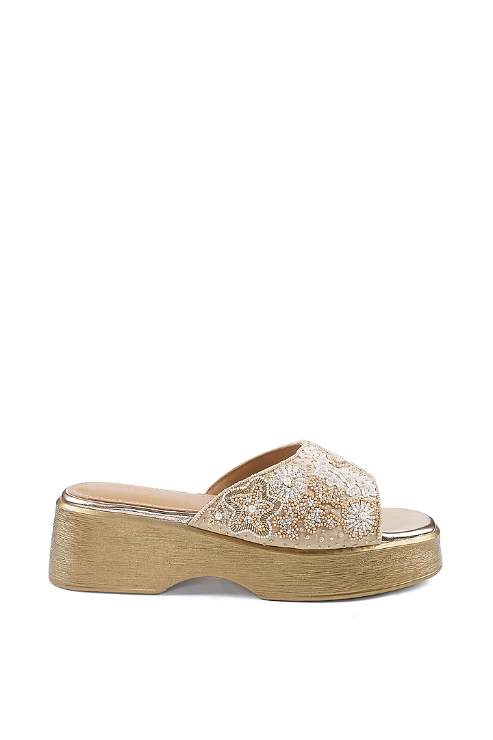 Beige Satin Cutdana Embellished Sandals by Anaar at Pernia's Pop Up Shop