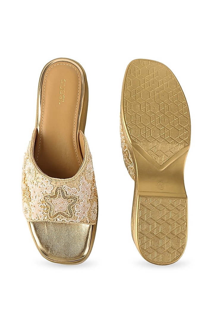 Beige Satin Cutdana Embellished Sandals by Anaar at Pernia's Pop Up Shop