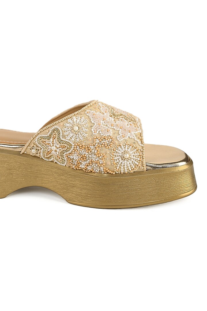 Beige Satin Cutdana Embellished Sandals by Anaar at Pernia's Pop Up Shop