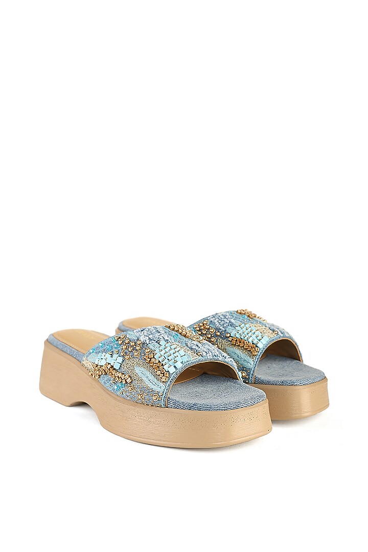 Blue Denim Beads Embellished Sandals by Anaar at Pernia's Pop Up Shop