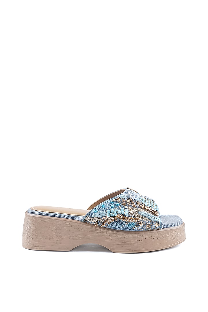 Blue Denim Beads Embellished Sandals by Anaar at Pernia's Pop Up Shop