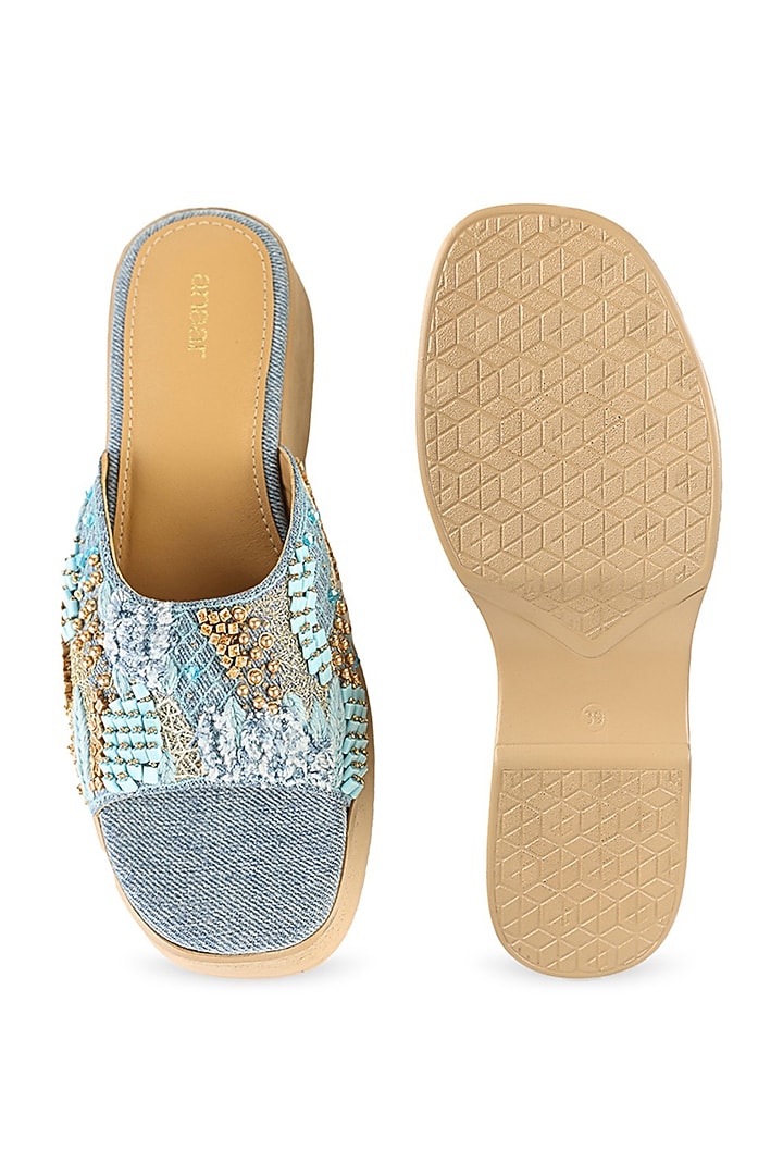 Blue Denim Beads Embellished Sandals by Anaar at Pernia's Pop Up Shop