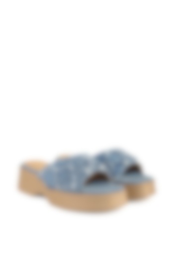 Blue Denim Pearl hand Embroiered Sandals by Anaar at Pernia's Pop Up Shop