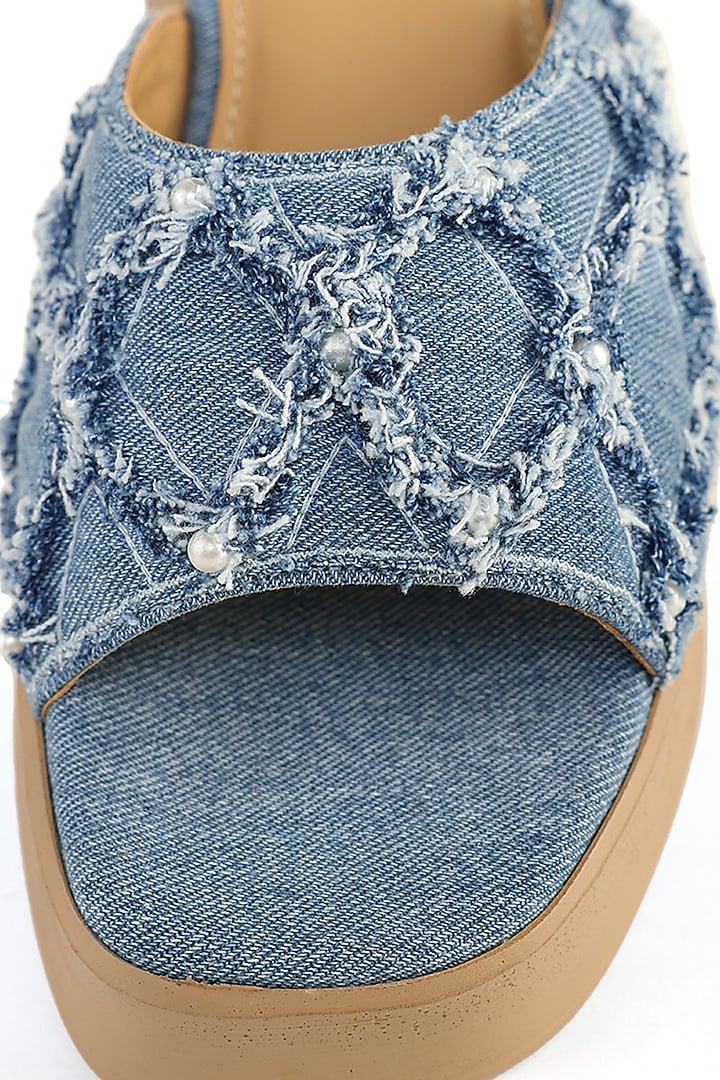 Blue Denim Pearl hand Embroiered Sandals by Anaar at Pernia's Pop Up Shop