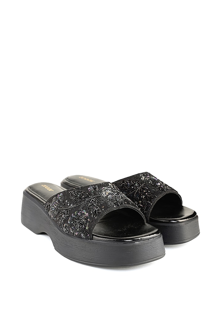 Black Satin Sequins Hand Embellished Sandals by Anaar at Pernia's Pop Up Shop