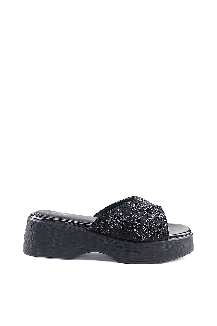 Black Satin Sequins Hand Embellished Sandals by Anaar at Pernia's Pop Up Shop