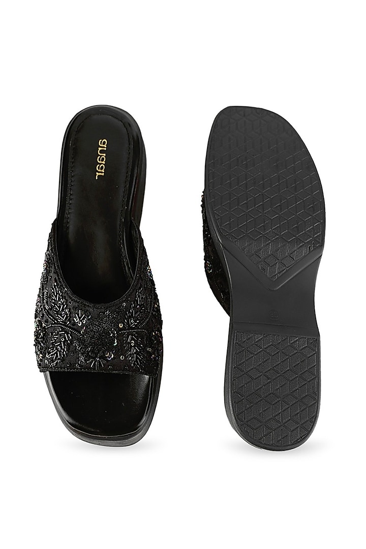 Black Satin Sequins Hand Embellished Sandals by Anaar at Pernia's Pop Up Shop