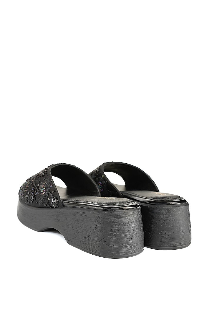 Black Satin Sequins Hand Embellished Sandals by Anaar at Pernia's Pop Up Shop