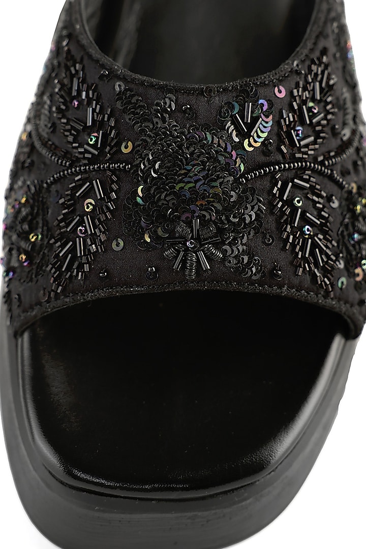 Black Satin Sequins Hand Embellished Sandals by Anaar at Pernia's Pop Up Shop