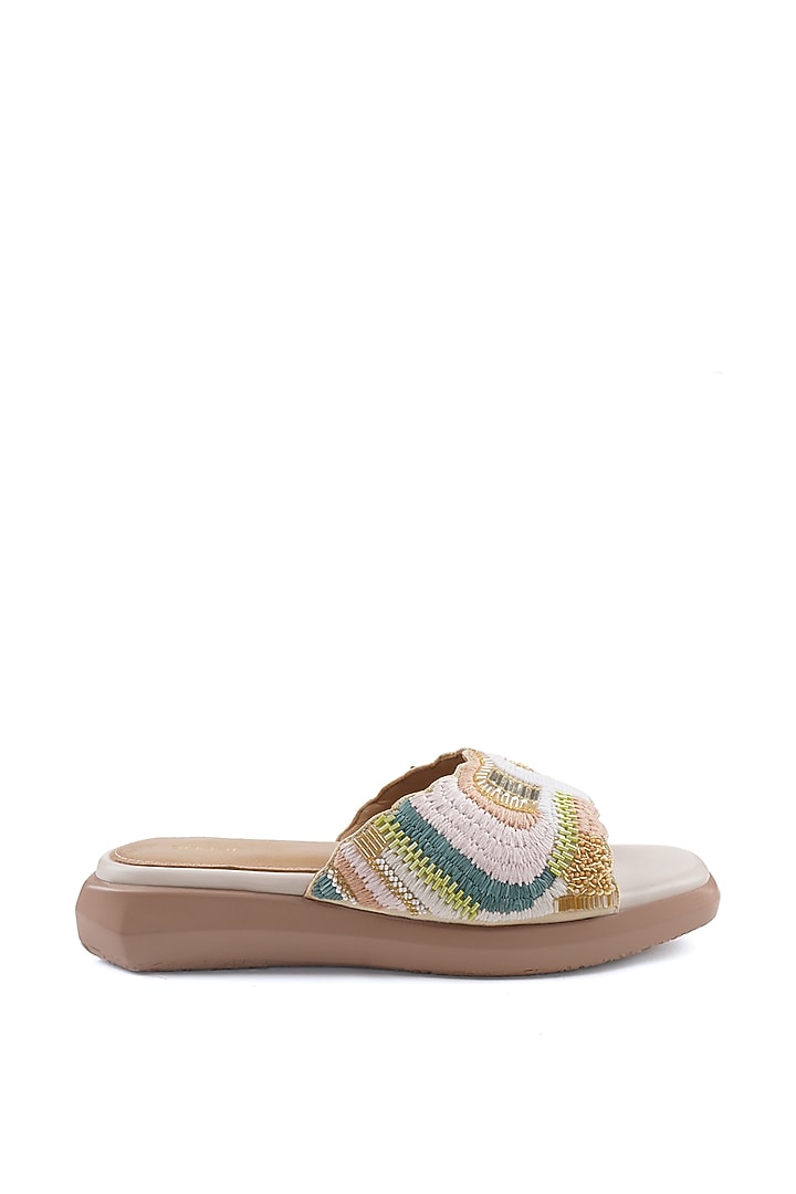 Beige Satin Sequins Embellished Sandals by Anaar at Pernia's Pop Up Shop