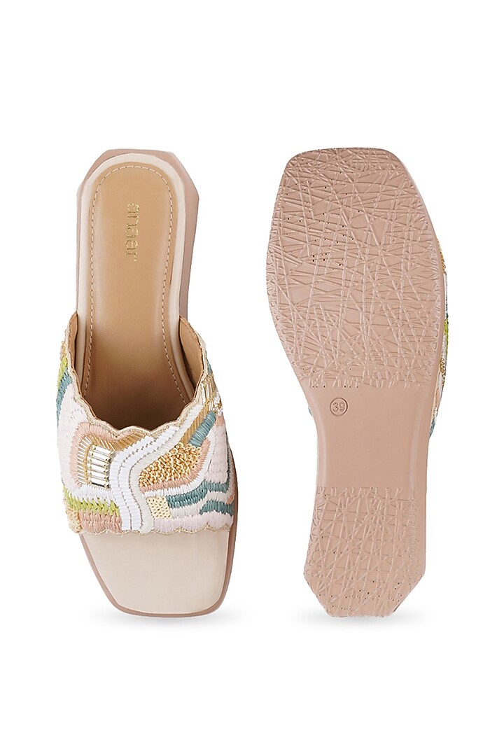 Beige Satin Sequins Embellished Sandals by Anaar at Pernia's Pop Up Shop