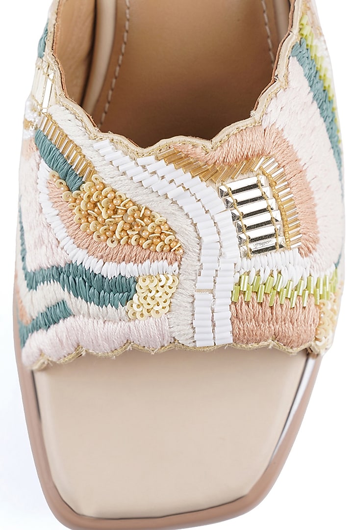 Beige Satin Sequins Embellished Sandals by Anaar at Pernia's Pop Up Shop