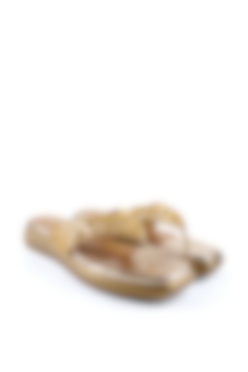 Gold Satin Cutdana Embellished Sandals by Anaar at Pernia's Pop Up Shop