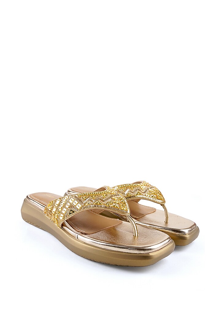 Gold Satin Cutdana Embellished Sandals by Anaar at Pernia's Pop Up Shop