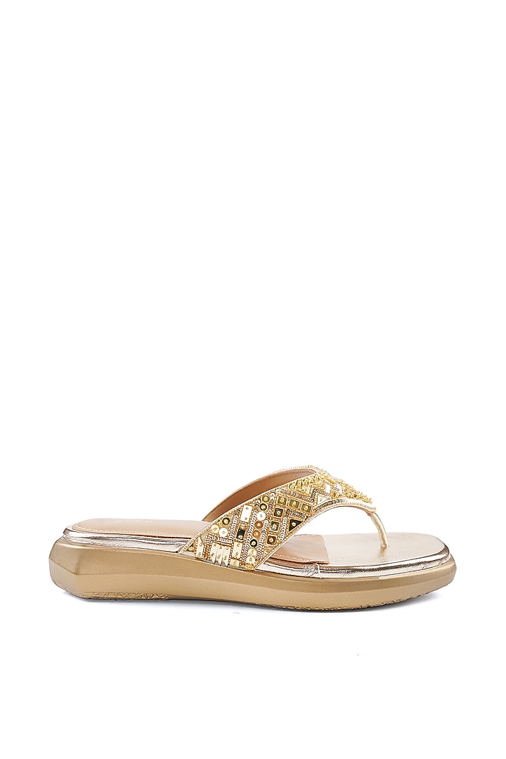 Gold Satin Cutdana Embellished Sandals by Anaar at Pernia's Pop Up Shop