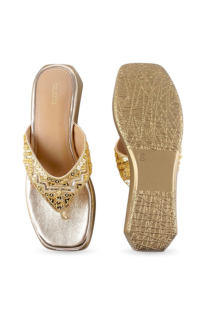 Gold Satin Cutdana Embellished Sandals by Anaar at Pernia's Pop Up Shop