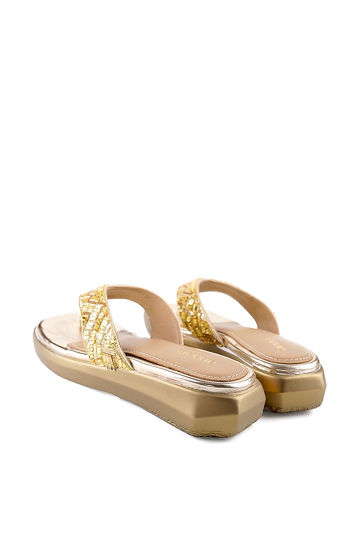 Gold Satin Cutdana Embellished Sandals by Anaar at Pernia's Pop Up Shop