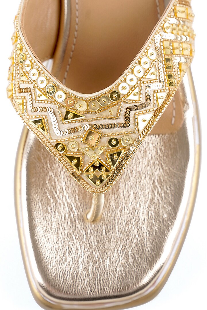 Gold Satin Cutdana Embellished Sandals by Anaar at Pernia's Pop Up Shop