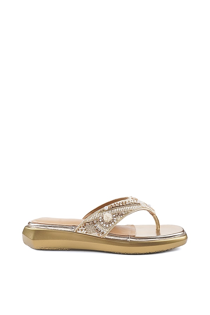 Beige Satin Pearl Embellished Sandals by Anaar at Pernia's Pop Up Shop