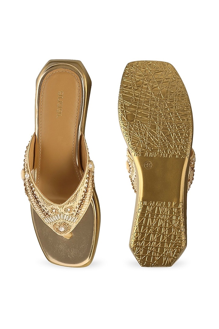 Beige Satin Pearl Embellished Sandals by Anaar at Pernia's Pop Up Shop