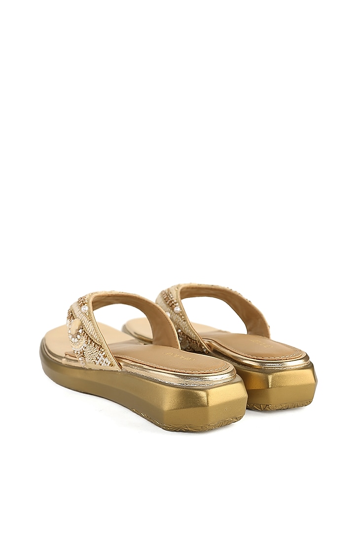 Beige Satin Pearl Embellished Sandals by Anaar at Pernia's Pop Up Shop
