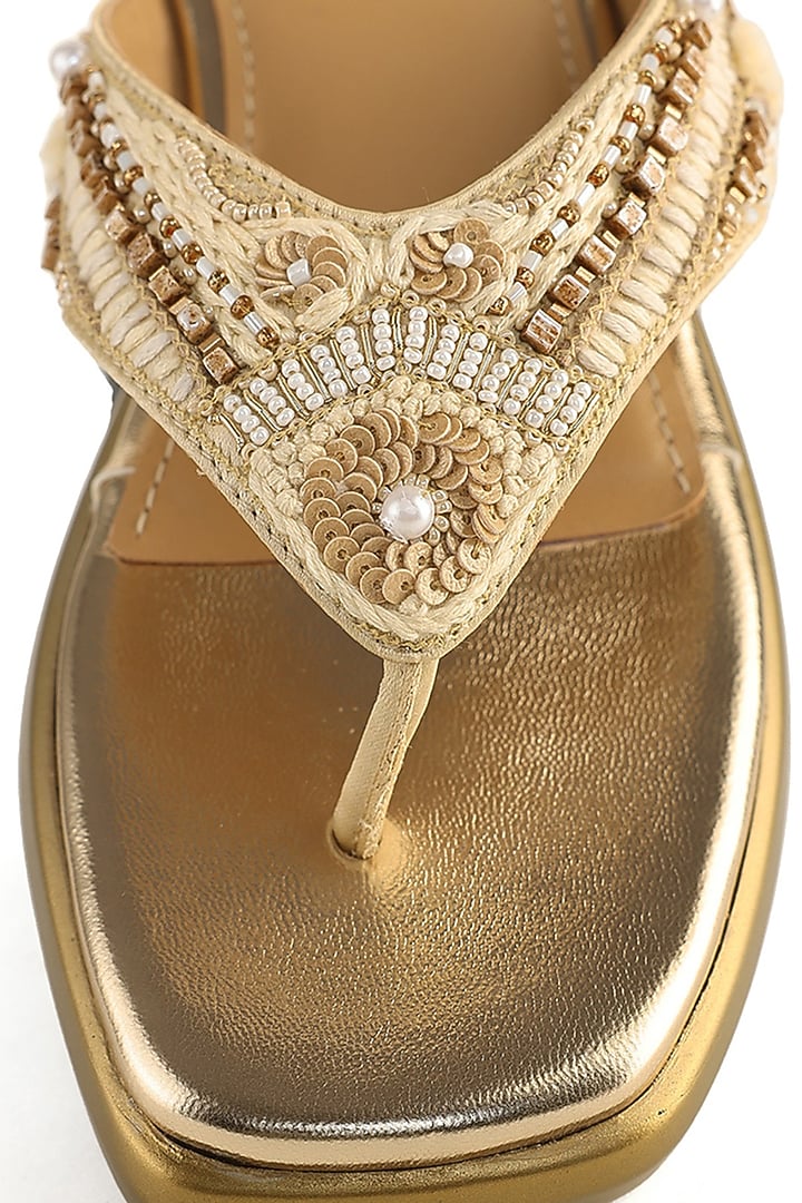 Beige Satin Pearl Embellished Sandals by Anaar at Pernia's Pop Up Shop