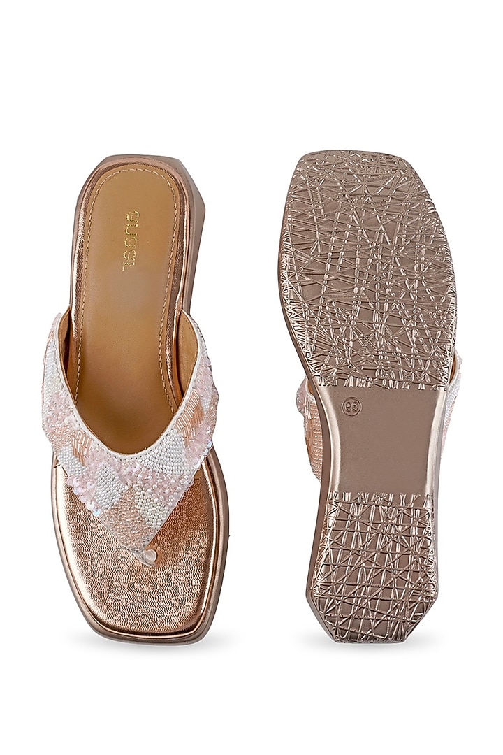 White Satin Hand Embroidered Sandals by Anaar at Pernia's Pop Up Shop