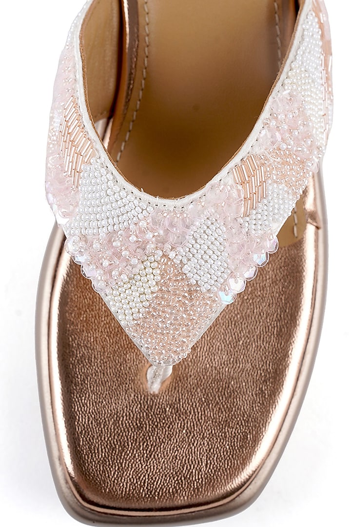 White Satin Hand Embroidered Sandals by Anaar at Pernia's Pop Up Shop