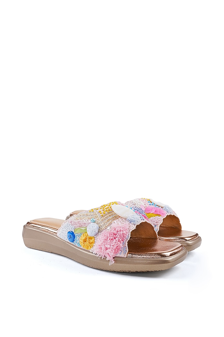Multi-Colored Satin French Knot Embellished Sandals by Anaar at Pernia's Pop Up Shop