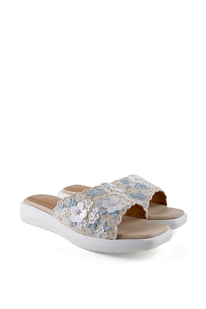 Beige Jute Raffia Hand Embroidered Open-Toe Sandals by Anaar at Pernia's Pop Up Shop